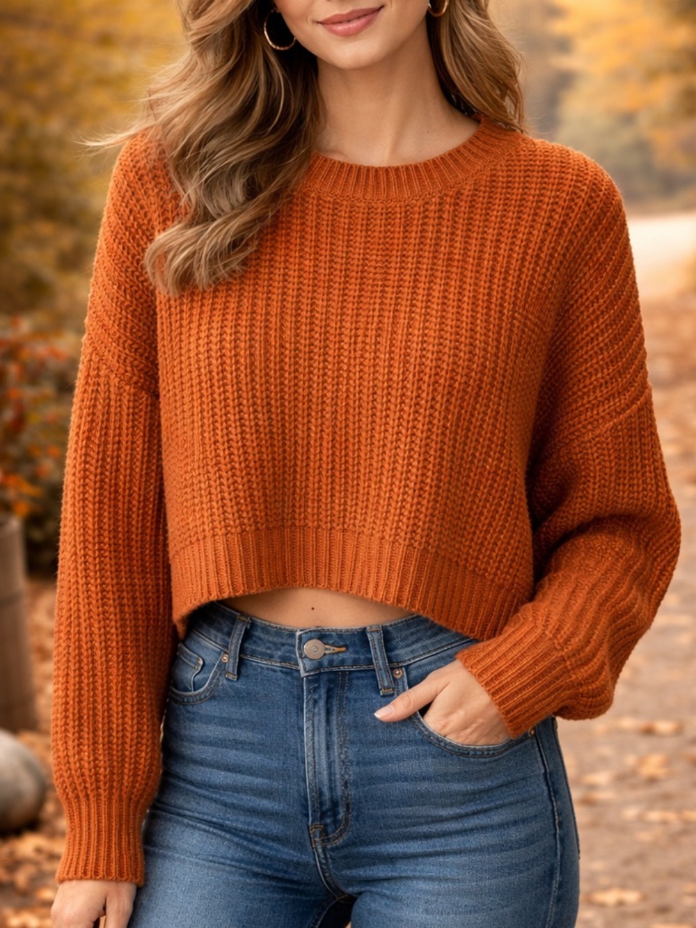 SHEIN Ribbed Cropped Crew Sweater in Rust